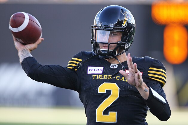 HAMILTON, ON - JULY 19:  Johnny Manziel #2 of the Hamilton Tiger-Cats warms up prior to action against the Saskatchewan Roughriders in a CFL game at Tim Hortons Field on July 19, 2018 in Hamilton, Ontario,Canada. (Photo by Claus Andersen/Getty Images)