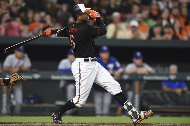 Baltimore Orioles' Jonathan Schoop follows through on an RBI sacrifice fly against the Texas Rangers during the sixth inning of a baseball game Saturday, July 14, 2018, in Baltimore. The Orioles won 1-0. (AP Photo/Gail Burton)