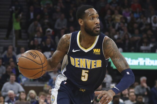 Denver Nuggets' Will Barton plays against the Minnesota Timberwolvesin the second half of an NBA basketball game Wednesday, April 11, 2018, in Minneapolis. (AP Photo/Jim Mone)
