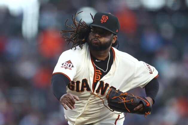San Francisco Giants pitcher Johnny Cueto works against the St. Louis Cardinals in the first inning of a baseball game Thursday, July 5, 2018, in San Francisco. (AP Photo/Ben Margot)