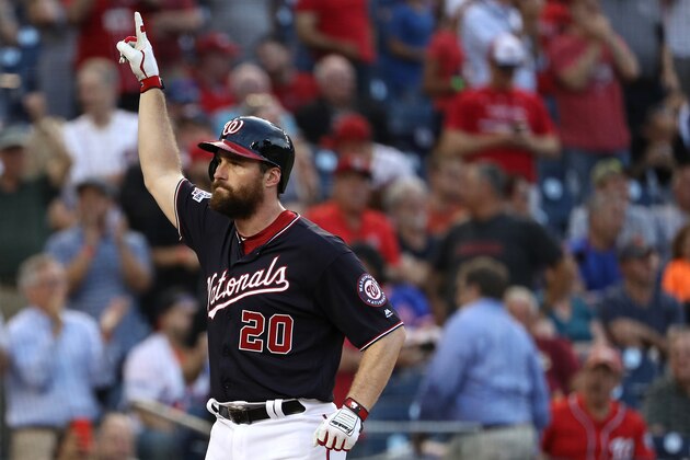 WASHINGTON, DC - JULY 31: Daniel Murphy #20 of the Washington Nationals celebrates a home run against the New York Mets during the second inning at Nationals Park on July 31, 2018 in Washington, DC. (Photo by Patrick Smith/Getty Images)