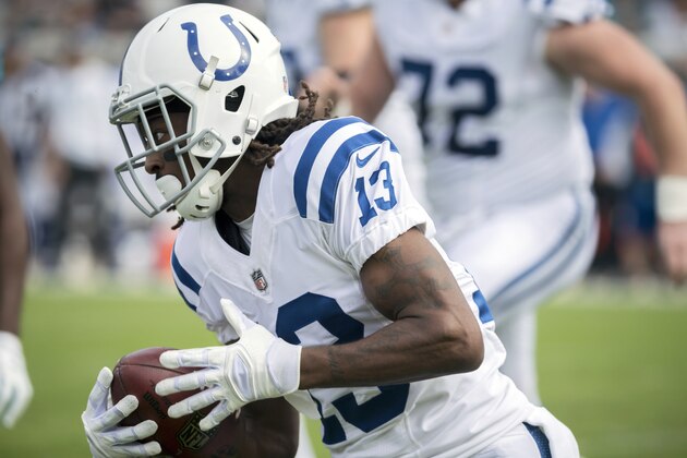Indianapolis Colts wide receiver T.Y. Hilton (13) runs the ball during the first half of an NFL football game against the Jacksonville Jaguars, Sunday, Dec. 3, 2017, in Jacksonville, Fla. (AP Photo/Stephen B. Morton)