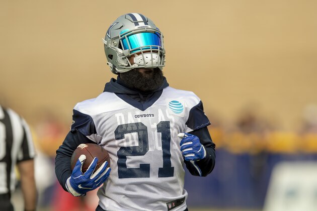 Dallas Cowboys running back Ezekiel Elliott runs the ball down the field during NFL training camp, Thursday, July 26, 2018, in Oxnard, Calif. (AP Photo/Gus Ruelas)
