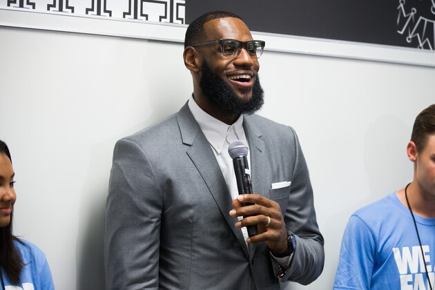 AKRON, OH - JULY 30: LeBron James addresses the media following the grand opening of the I Promise school on July 30, 2018 in Akron, Ohio. The new school is a partnership between the LeBron James Family foundation and Akron Public Schools. NOTE TO USER: User expressly acknowledges and agrees that, by downloading and/or using this Photograph, user is consenting to the terms and conditions of the Getty Images License Agreement. Mandatory Copyright Notice: Copyright 2018 NBAE (Photo by Allison Farrand/NBAE via Getty Images)