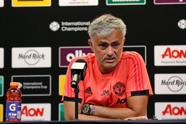 ANN ARBOR, MI - JULY 28:  Manager José Mourinho of Manchester United speaks with the media after a 4-1 loss to Liverpool during the International Champions Cup 2018 match at Michigan Stadium on July 28, 2018 in Ann Arbor, Michigan. (Photo by Rey Del Rio/International Champions Cup/Getty Images)