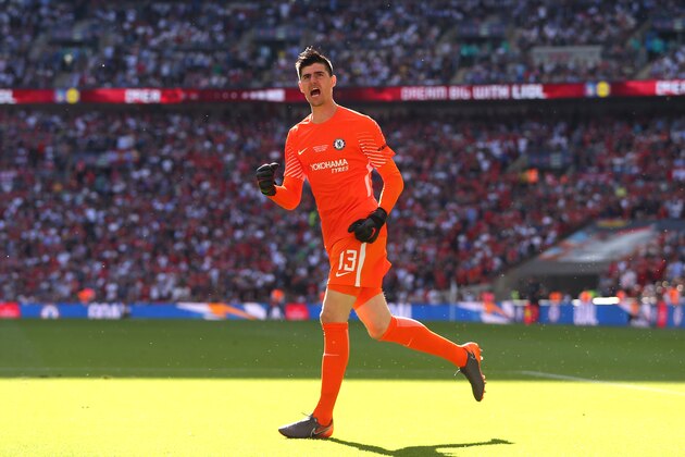 LONDON, ENGLAND - MAY 19:  Thibaut Courtois of celebrates his side's first goal during the Emirates FA Cup Final between Chelsea and Manchester United at Wembley Stadium on May 19, 2018 in London, England. (Photo by Robbie Jay Barratt - AMA/Getty Images)