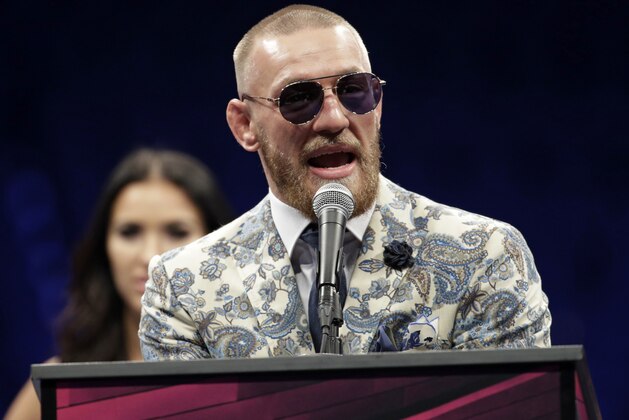 Conor McGregor speaks during a news conference after a super welterweight boxing match against Floyd Mayweather Jr., Sunday, Aug. 27, 2017, in Las Vegas. (AP Photo/Isaac Brekken)