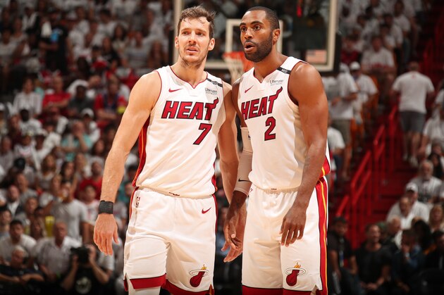 MIAMI, FL - APRIL 21:  Goran Dragic #7 of the Miami Heat and Wayne Ellington #2 of the Miami Heat look on during the game against the Philadelphia 76ers in Game Four of the Eastern Conference Quarterfinals during the 2018 NBA Playoffs on April 21, 2018 at American Airlines Arena in Miami, Florida. NOTE TO USER: User expressly acknowledges and agrees that, by downloading and/or using this photograph, user is consenting to the terms and conditions of the Getty Images License Agreement. Mandatory Copyright Notice: Copyright 2018 NBAE (Photo by Issac Baldizon/NBAE via Getty Images)
