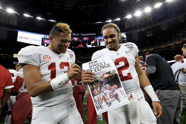 NEW ORLEANS, LA - JANUARY 01: Jalen Hurts #2 of the Alabama Crimson Tide and Tua Tagovailoa #13 celebrate after winning the AllState Sugar Bowl against the Clemson Tigers at the Mercedes-Benz Superdome on January 1, 2018 in New Orleans, Louisiana.  (Photo by Ronald Martinez/Getty Images)