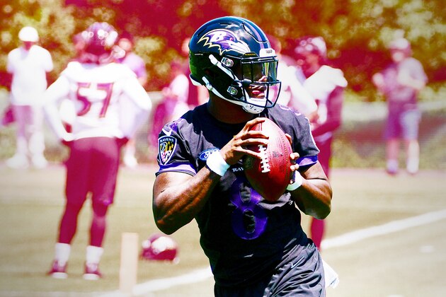 Baltimore Ravens quarterback Lamar Jackson throws a pass during an NFL football training camp practice at the team's headquarters in Owings Mills, Md., Thursday, July 19, 2018. (AP Photo/Patrick Semansky)