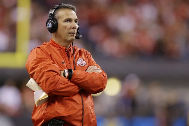 Ohio State head coach Urban Meyer watches the first half of the Big Ten championship NCAA college football game against Wisconsin, Saturday, Dec. 2, 2017, in Indianapolis. (AP Photo/Michael Conroy)