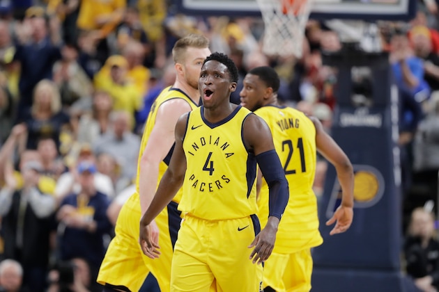 Indiana Pacers' Victor Oladipo (4) reacts during the second half of Game 4 of a first-round NBA basketball playoff series against the Cleveland Cavaliers, Sunday, April 22, 2018, in Indianapolis. Cleveland won 104-100. (AP Photo/Darron Cummings)