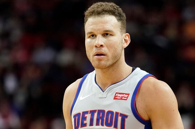 FILE - In this March 22, 2018, file photo, Detroit Pistons' Blake Griffin reacts after a foul call during the second half of an NBA basketball game against the Houston Rockets in Houston. The Pistons say star forward Blake Griffin has a bone bruise on his right ankle and will be evaluated again in a week.   Griffin was scratched from Thursday night's win over Washington and had an MRI that night. (AP Photo/David J. Phillip, File)