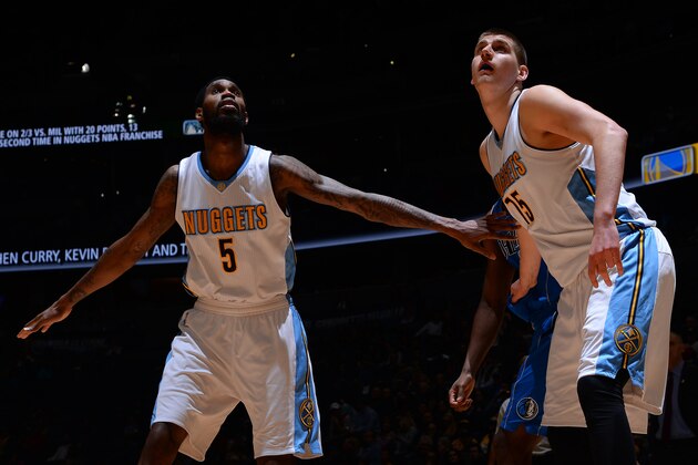 DENVER, CO - FEBRUARY 6: Nikola Jokic #15 and Will Barton #5 of the Denver Nuggets box out against Dallas Mavericks on February 6, 2017 at the Pepsi Center in Denver, Colorado. NOTE TO USER: User expressly acknowledges and agrees that, by downloading and/or using this Photograph, user is consenting to the terms and conditions of the Getty Images License Agreement. Mandatory Copyright Notice: Copyright 2017 NBAE (Photo by Bart Young/NBAE via Getty Images) DENVER, CO - FEBRUARY 6: Nikola Jokic #15 and Will Barton #5 of the Denver Nuggets box out against Dallas Mavericks on February 6, 2017 at the Pepsi Center in Denver, Colorado. NOTE TO USER: User expressly acknowledges and agrees that, by downloading and/or using this Photograph, user is consenting to the terms and conditions of the Getty Images License Agreement. Mandatory Copyright Notice: Copyright 2017 NBAE (Photo by Bart Young/NBAE via Getty Images)