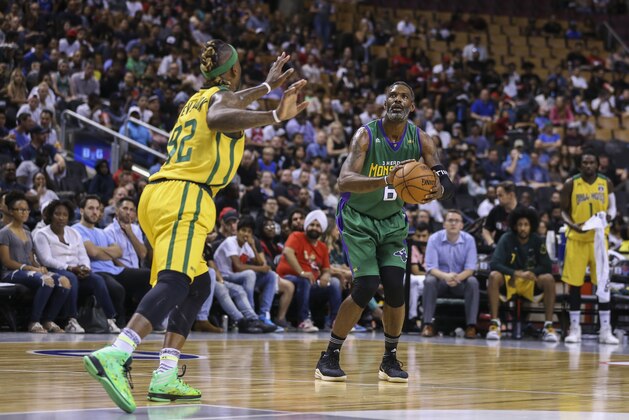 TORONTO, ON - JULY 27: Qyntel Woods #6 of 3 Headed Monsters lines up a shot against DeShawn Stevenson #92 of Ball Hogs during the BIG3 three on three basketball league at Scotiabank Arena on July 27, 2018 in Toronto, Canada. (Photo by Claus Andersen/BIG3/Getty Images)