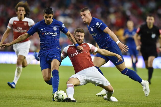 DUBLIN, IRELAND - AUGUST 01: Shkodran Mustafi of Arsenal and Ross Barkley and Alvaro Morata of Chelsea during the Pre-season friendly International Champions Cup game between Arsenal and Chelsea at Aviva stadium on August 1, 2018 in Dublin, Ireland. (Photo by Charles McQuillan/Getty Images)