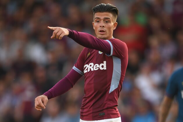 WALSALL, ENGLAND - JULY 25: Villa player Jack Grealish makes a point  during a friendly match between Aston Villa and West Ham United at Banks' Stadium on July 25, 2018 in Walsall, England.  (Photo by Stu Forster/Getty Images)
