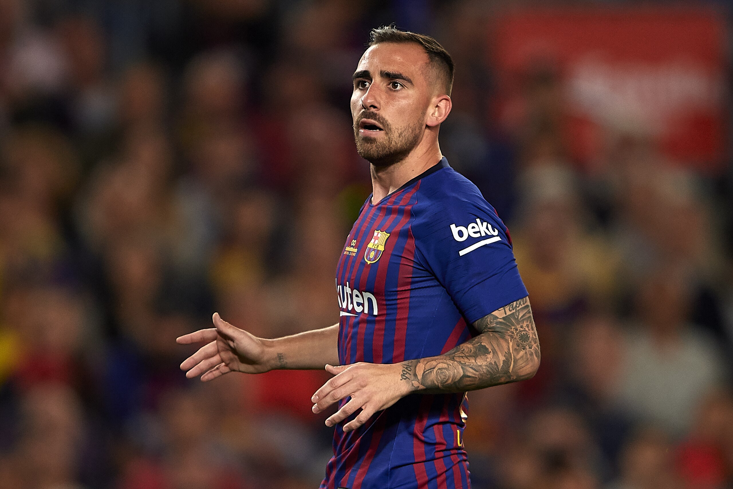 BARCELONA, SPAIN - MAY 20:  Paco Alcacer of Barcelona looks on during the La Liga match between Barcelona and Real Sociedad at Camp Nou on May 20, 2018 in Barcelona, Spain.  (Photo by Quality Sport Images/Getty Images)