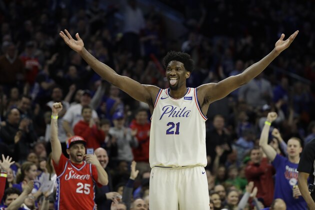 Philadelphia 76ers' Joel Embiid in action an NBA basketball game against the Brooklyn Nets, Friday, March 16, 2018, in Philadelphia. (AP Photo/Matt Slocum)