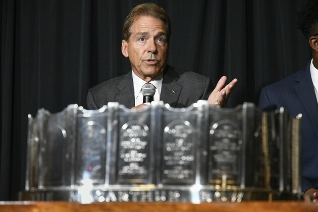 NCAA college football head coach Nick Saban of Alabama speaks during the ceremony for the acceptance of the MacArthur Bowl trophy during the Southeastern Conference Media Days at the College Football Hall of Fame in Atlanta, Wednesday, July 18, 2018. The trophy is presented annually, since 1959, to the top team in the country. (AP Photo/John Amis)