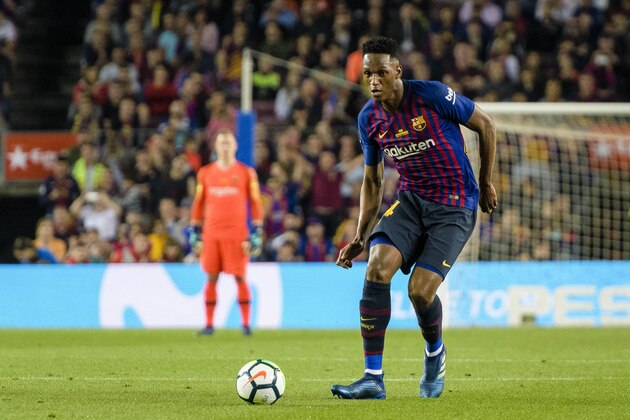 BARCELONA, SPAIN - MAY 20: Yerry Fernando Mina of FC Barcelona in action during the La Liga match between Barcelona and Real Sociedad at Camp Nou on May 20, 2018 in Barcelona, . (Photo by Power Sport Images/Getty Images)