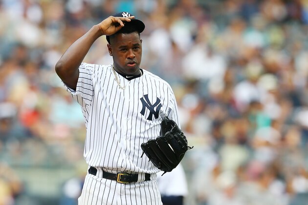 NEW YORK, NY - JULY 28: Luis Severino #40 of the New York Yankees reacts after giving up a 2-run single to Salvador Perez #13 of the Kansas City Royals in the fifth inning at Yankee Stadium on July 28, 2018 in the Bronx borough of New York City.  (Photo by Mike Stobe/Getty Images)
