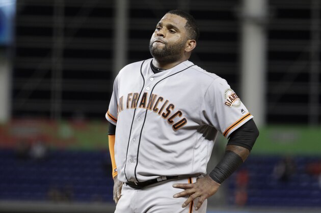 San Francisco Giants' Pablo Sandoval reacts after he flied out during the seventh inning of a baseball game against the Miami Marlins, Tuesday, June 12, 2018, in Miami. The Marlins won 3-1. (AP Photo/Lynne Sladky)