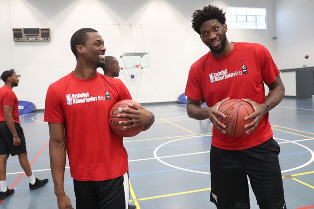 JOHANNESBURG, SOUTH AFRICA - AUGUST 2: Harrison Barnes of Team World and Joel Embiid of Team Africa does drills with the campers at the Basketball Without Boarders Africa program at the American International School of Johannesburg on August 2, 2018 in Gauteng province of Johannesburg, South Africa.  NOTE TO USER: User expressly acknowledges and agrees that, by downloading and or using this photograph, User is consenting to the terms and conditions of the Getty Images License Agreement. Mandatory Copyright Notice: Copyright 2018 NBAE (Photo by Joe Murphy/NBAE via Getty Images)