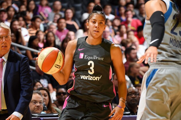 LOS ANGELES, CA - AUGUST 2: Candace Parker #3 of the Los Angeles Sparks handles the ball against the Minnesota Lynx on August 2, 2018 at STAPLES Center in Los Angeles, California. NOTE TO USER: User expressly acknowledges and agrees that, by downloading and or using this photograph, User is consenting to the terms and conditions of the Getty Images License Agreement. Mandatory Copyright Notice: Copyright 2018 NBAE (Photo by Andrew D. Bernstein/NBAE via Getty Images)
