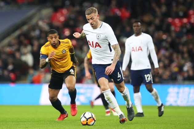 LONDON, ENGLAND - FEBRUARY 07: Toby Alderweireld of Tottenham Hotspur is marked by Joss Labadie of Newport County during the Fly Emirates FA Cup Fourth Round Replay match between Tottenham Hotspur and Newport County at Wembley Stadium on February 7, 2018 in London, England. (Photo by Athena Pictures/Getty Images)