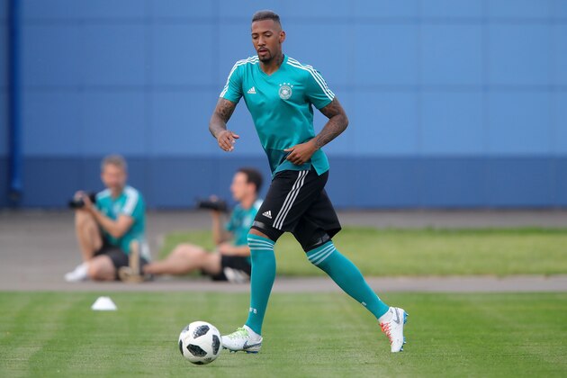 KAZAN, RUSSIA - JUNE 26:  Jerome Boateng of Germany runs with the ball during a Germany training session at Electron Stadium on June 26, 2018 in Kazan, Russia.  (Photo by Alexander Hassenstein/Getty Images)