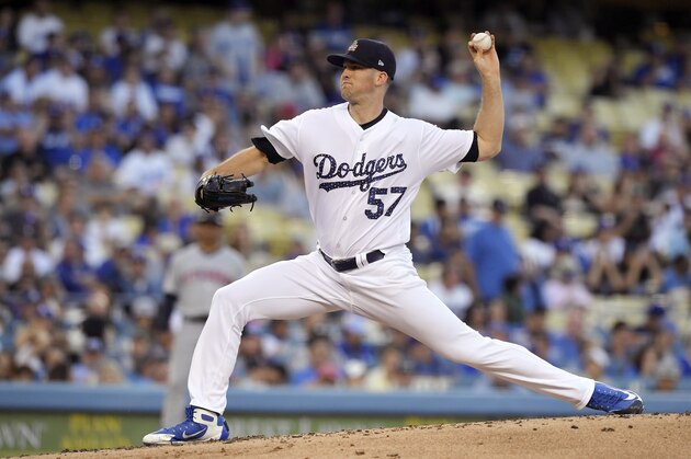 Los Angeles Dodgers starting pitcher Alex Wood throws to the plate during the second inning of a baseball game against the Pittsburgh Pirates, Monday, July 2, 2018, in Los Angeles. (AP Photo/Mark J. Terrill)