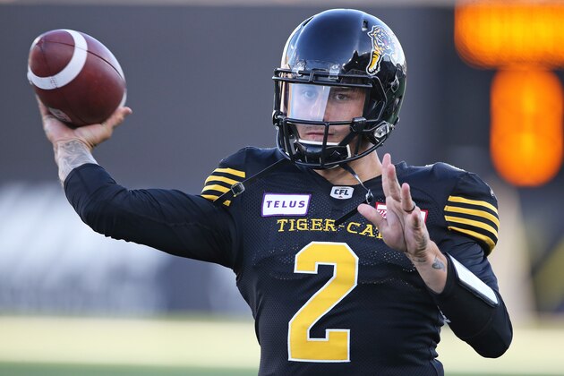 HAMILTON, ON - JULY 19:  Johnny Manziel #2 of the Hamilton Tiger-Cats warms up prior to action against the Saskatchewan Roughriders in a CFL game at Tim Hortons Field on July 19, 2018 in Hamilton, Ontario,Canada. (Photo by Claus Andersen/Getty Images)