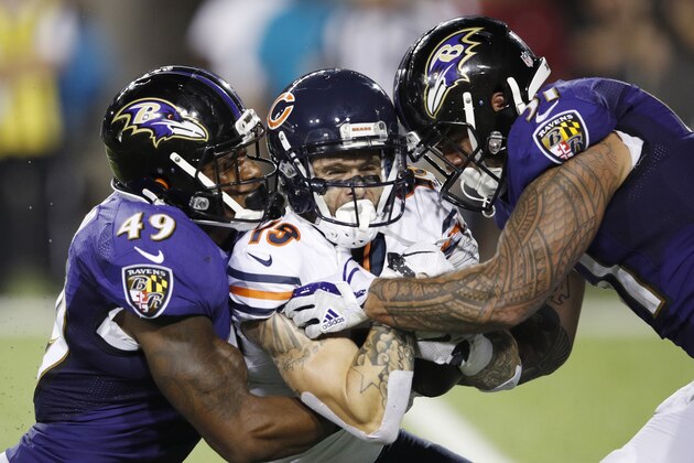 CANTON, OH - AUGUST 02: Kamalei Correa #51 and Chris Board #49 of the Baltimore Ravens are called for an illegal hit while tackling Tanner Gentry #19 of the Chicago Bears in the third quarter of the Hall of Fame Game at Tom Benson Hall of Fame Stadium on August 2, 2018 in Canton, Ohio. (Photo by Joe Robbins/Getty Images)