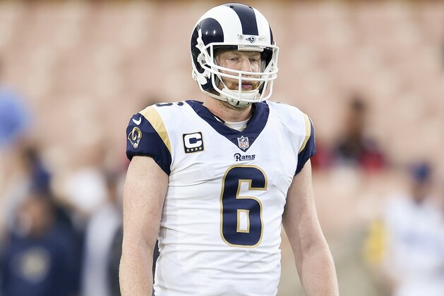 Los Angeles Rams punter Johnny Hekker warms up before an NFL football wild-card playoff game against the Los Angeles Rams Saturday, Jan. 6, 2018, in Los Angeles. (AP Photo/Kelvin Kuo)