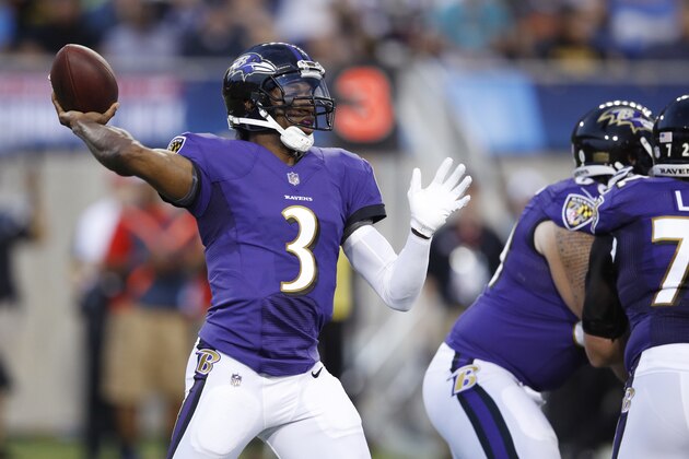 CANTON, OH - AUGUST 02: Robert Griffin III #3 of the Baltimore Ravens looks to pass in the first quarter of the Hall of Fame Game against the Chicago Bears at Tom Benson Hall of Fame Stadium on August 2, 2018 in Canton, Ohio. (Photo by Joe Robbins/Getty Images)