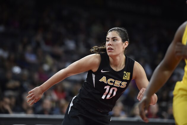 LAS VEGAS, NV - JULY 15:  Kelsey Plum #10 of the Las Vegas Aces runs on the court during the game against the Los Angeles Sparks on July 15, 2018 at the Mandalay Bay Events Center in Las Vegas, Nevada.  NOTE TO USER: User expressly acknowledges and agrees that, by downloading and or using this Photograph, user is consenting to the terms and conditions of the Getty Images License Agreement. Mandatory Copyright Notice: Copyright 2018 NBAE (Photo by David Becker/NBAE via Getty Images)