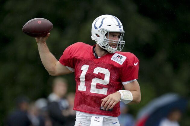 Indianapolis Colts quarterback Andrew Luck (12) throws during practice at the NFL team's football training camp in Westfield, Ind., Sunday, July 29, 2018. (AP Photo/Michael Conroy)