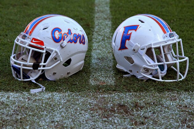 GAINESVILLE, FL - NOVEMBER 07: Florida Gators helmets sit on the field after the game against the Vanderbilt Commodores at Ben Hill Griffin Stadium on November 7, 2015 in Gainesville, Florida. (Photo by Rob Foldy/Getty Images)