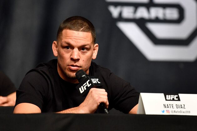 LOS ANGELES, CA - AUGUST 03:  Nate Diaz interacts with the fans and media during the UFC press conference inside the Orpheum Theater on August 3, 2018 in Los Angeles, California. (Photo by Jeff Bottari/Zuffa LLC/Zuffa LLC via Getty Images)