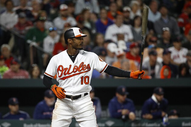 Baltimore Orioles' Adam Jones stands in the batter's box during a baseball game against the Boston Red Sox, Monday, June 11, 2018, in Baltimore. (AP Photo/Patrick Semansky)
