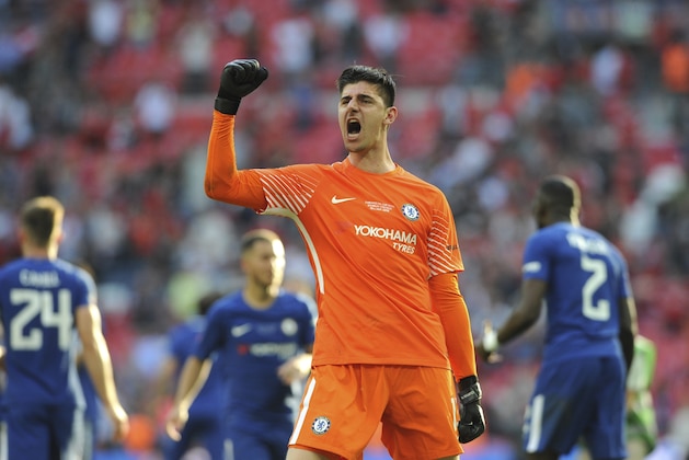 Chelsea's Thibaut Courtois celebrates after winning the English FA Cup final soccer match between Chelsea v Manchester United at Wembley stadium in London, England, Saturday, May 19, 2018. (AP Photo/Rui Vieira)
