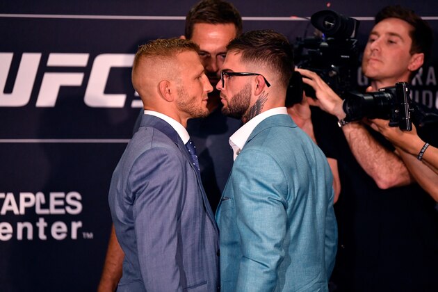 LOS ANGELES, CA - AUGUST 02:  (L-R) Opponents TJ Dillashaw and Cody Garbrandt face off for media during the UFC 227 Ultimate Media Day at Sheraton Grand Los Angeles on August 2, 2018 in Los Angeles, California. (Photo by Jeff Bottari/Zuffa LLC/Zuffa LLC via Getty Images)