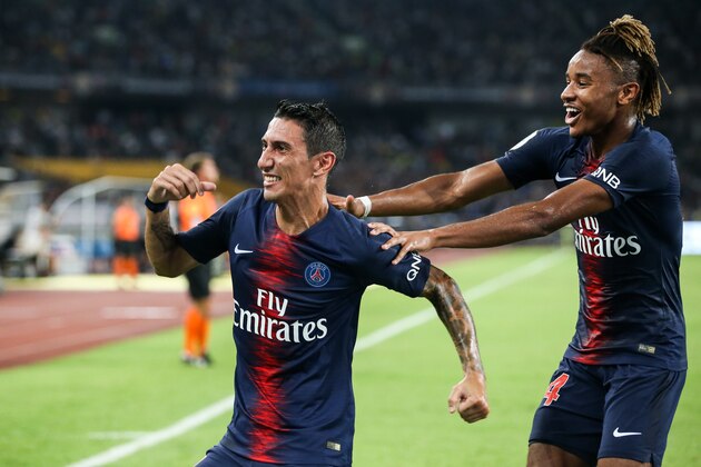 SHENZHEN, CHINA - AUGUST 04:  #11 Angel Di Maria of Paris Saint-Germain celebrates his scoring during the match between Paris Saint Germain and Monaco at Shenzhen Longgang Sports Center on August 4, 2018 in Shenzhen, China.  (Photo by Zhizhao Wu/Getty Images)