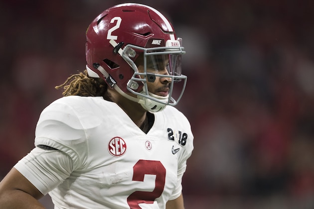 ATLANTA, GA - JANUARY 08: Jalen Hurts #2 of the Alabama Crimson Tide looks to the sidelines against the Georgia Bulldogs during the College Football Playoff National Championship held at Mercedes-Benz Stadium on January 8, 2018 in Atlanta, Georgia. Alabama defeated Georgia 26-23 for the national title. (Photo by Jamie Schwaberow/Getty Images)