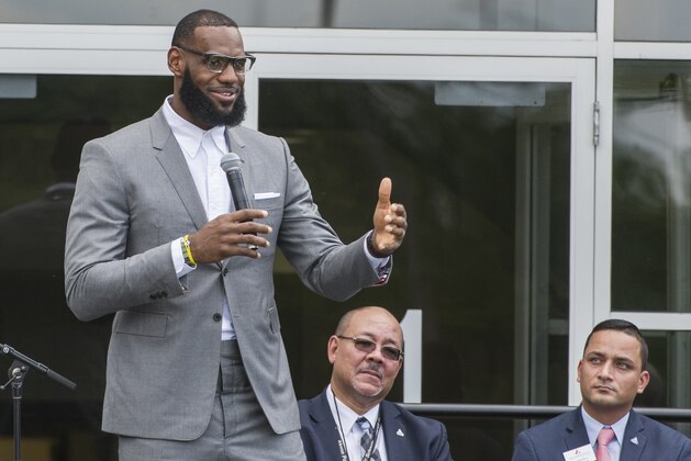 LeBron James speaks at the opening ceremony for the I Promise School in Akron, Ohio, Monday, July 30, 2018. The I Promise School is supported by the The LeBron James Family Foundation and is run by the Akron Public Schools. (AP Photo/Phil Long)