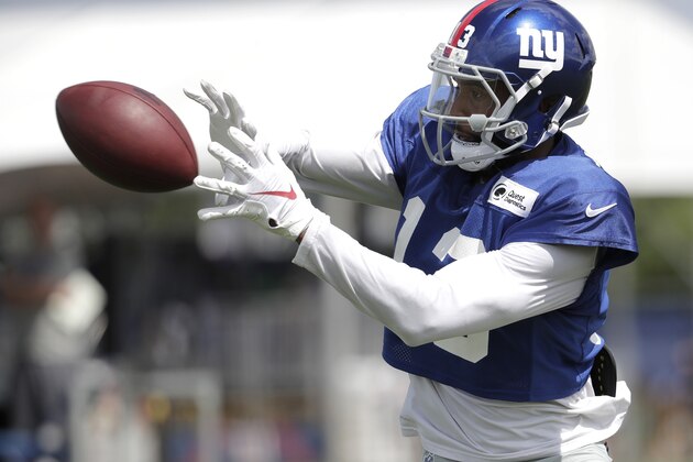 New York Giants wide receiver Odell Beckham works out during NFL football training camp, Thursday, Aug. 2, 2018, in East Rutherford, N.J. (AP Photo/Julio Cortez)