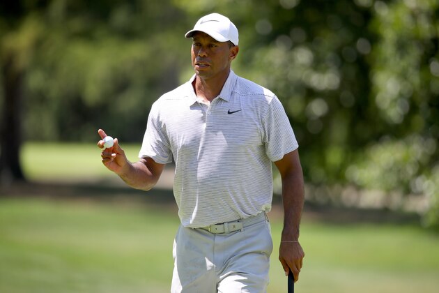 AKRON, OH - AUGUST 04:  Tiger Woods reacts after making par on the fifth green during World Golf Championships-Bridgestone Invitational - Round Three at Firestone Country Club South Course on August 4, 2018 in Akron, Ohio. (Photo by Gregory Shamus/Getty Images)