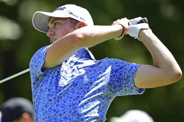 Justin Thomas watches his tee shot on the fifth hole during the third round of the Bridgestone Invitational golf tournament at Firestone Country Club, Saturday, Aug. 4, 2018, in Akron, Ohio. (AP Photo/David Dermer)