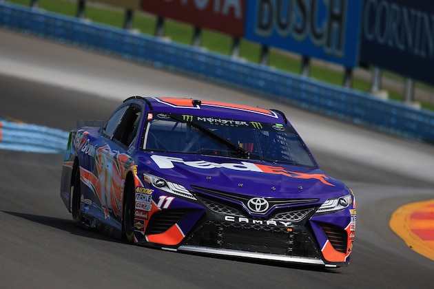 WATKINS GLEN, NY - AUGUST 04: Denny Hamlin, driver of the #11 FedEx Ground Toyota, practices for the Monster Energy NASCAR Cup Series GoBowling at The Glen at Watkins Glen International on August 4, 2018 in Watkins Glen, New York.  (Photo by Chris Trotman/Getty Images)